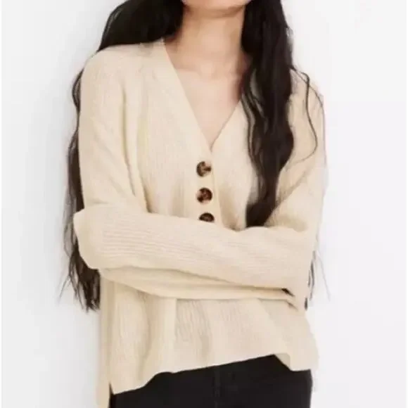 Madewell Lyle Rib Henley Wool Pullover Cream Sweater Sz. S - Picture 2 of 7